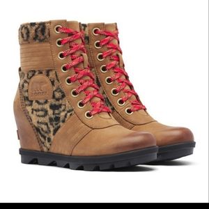 Sorel Lexie Leopard Faux Fur Wedge Booties